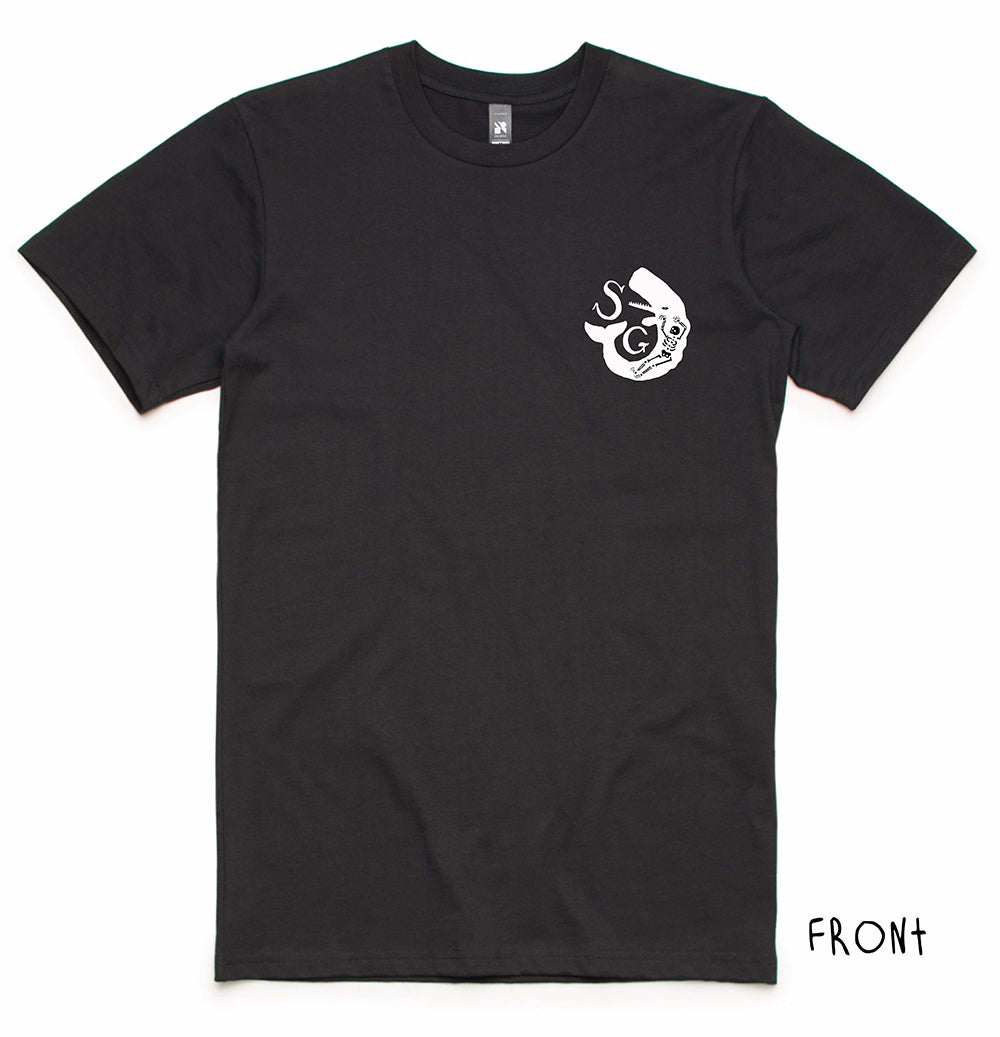 Front of Sailors Grave black logo tee