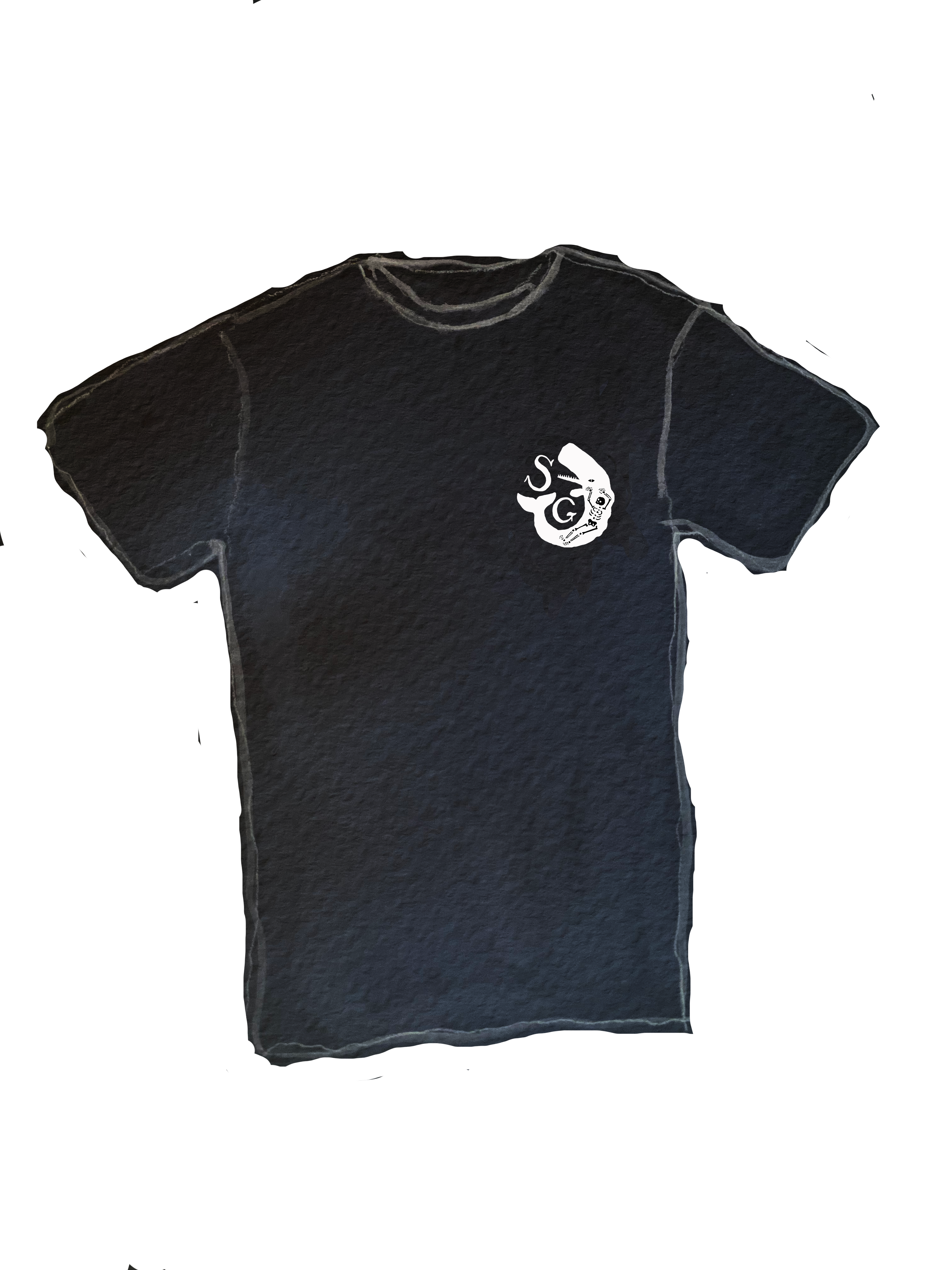 A black crew neck t-shirt with a white logo on the front and back.