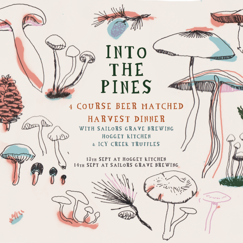 Illustrated menu with mushrooms and nature elements for 'Into the Pines' event.