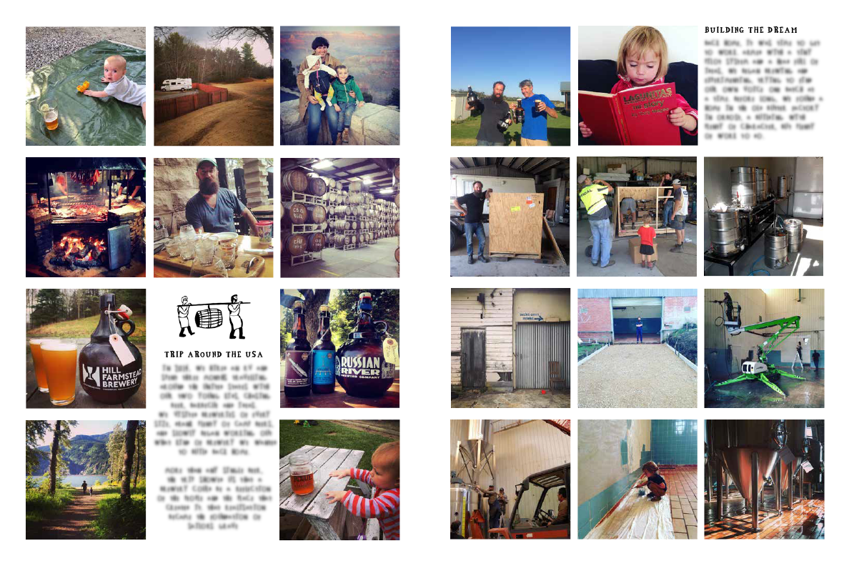 A two-page brochure or website spread featuring a collage of photographs and text about a brewery. The left page includes a logo with a beer glass and the words 'TRIP AHEAD THE OTA', while the right page has a heading 'FUELING THE PLEASANT' above photos of people, brewing equipment, and outdoor scenes.