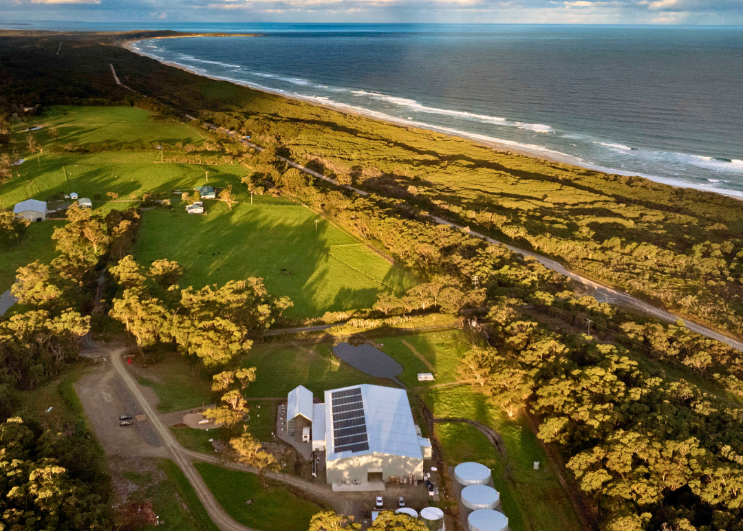 Aerial view of a coastal landscape around Dunetown