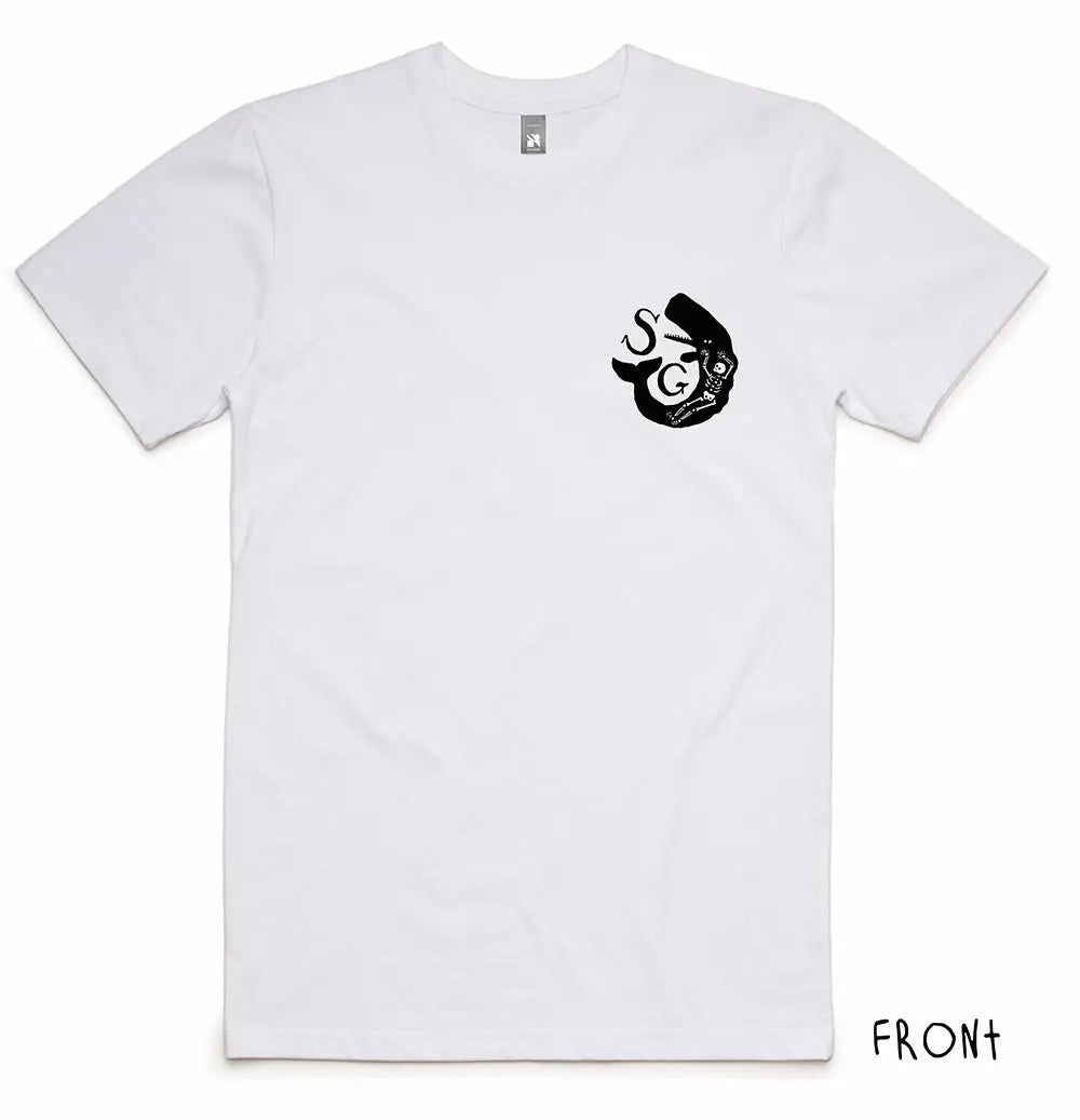 White t-shirt with a black logo on the chest against a white background