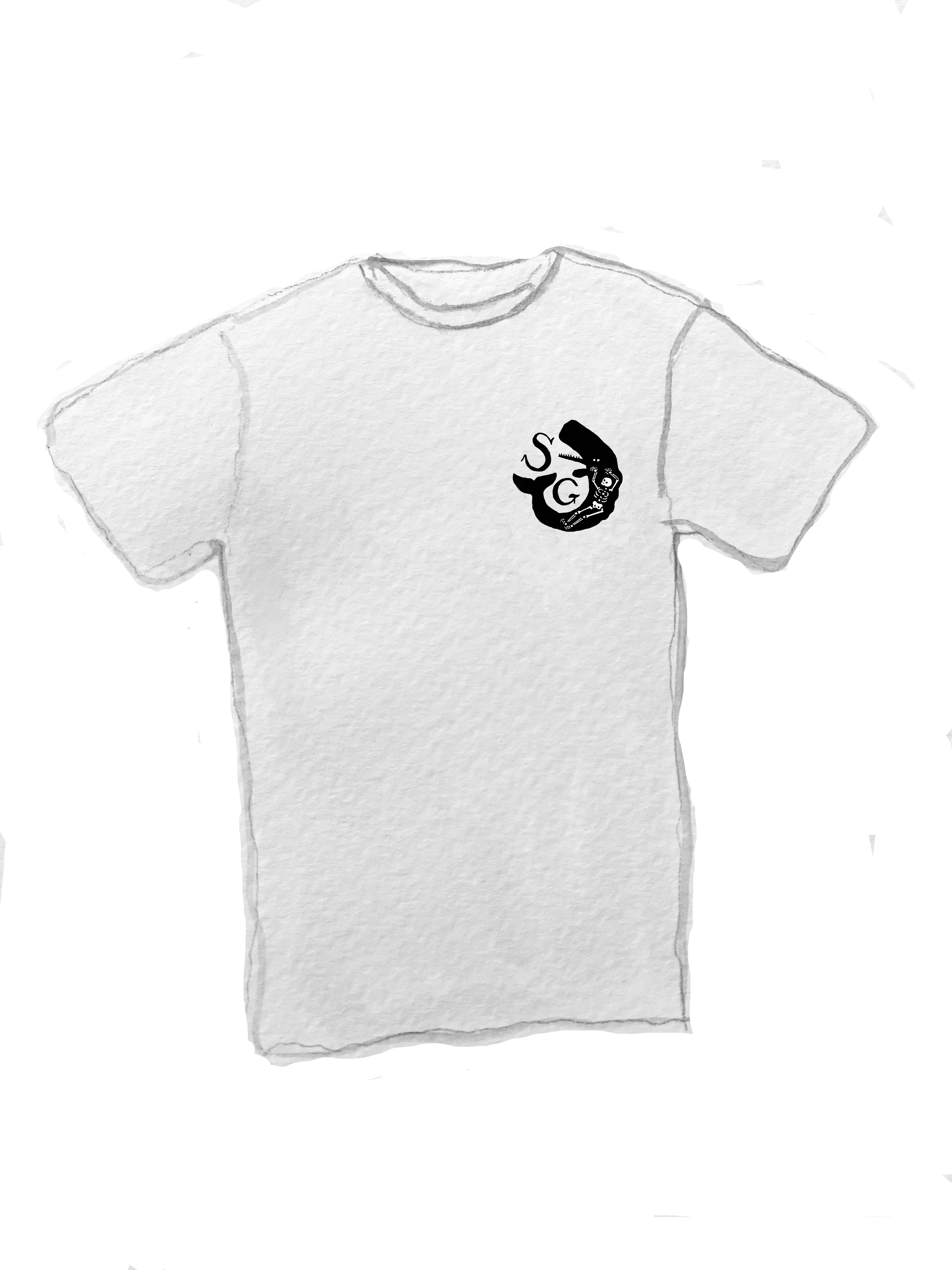White t-shirt with a black Sailors Grave logo on a white background