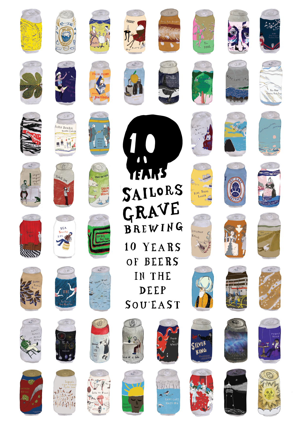 A poster-style graphic featuring a central black skull logo with the text '10 Years Sailors Grave Brewing' surrounded by many illustrated beer cans arranged in a grid on a white background.