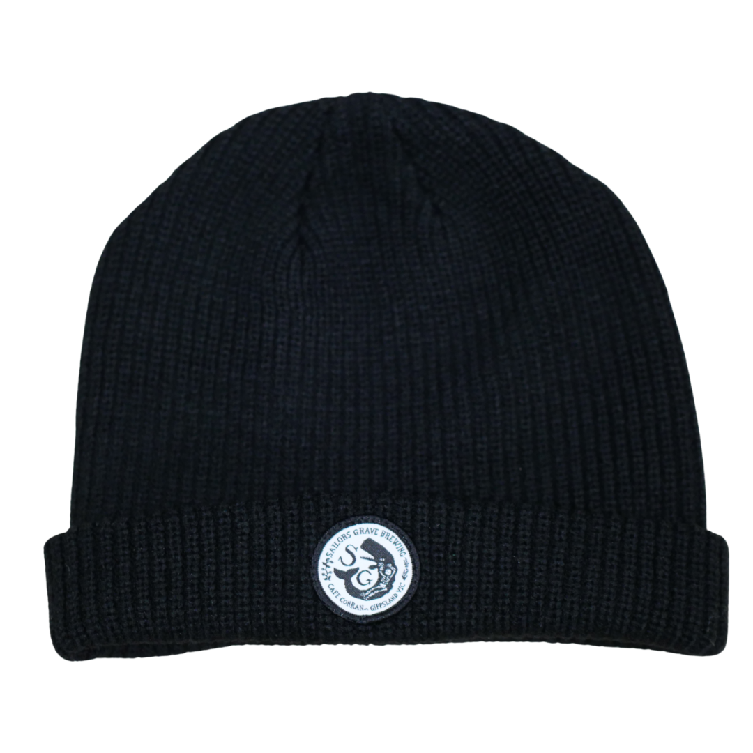 Black beanie with a Sailors Grave logo on a white background