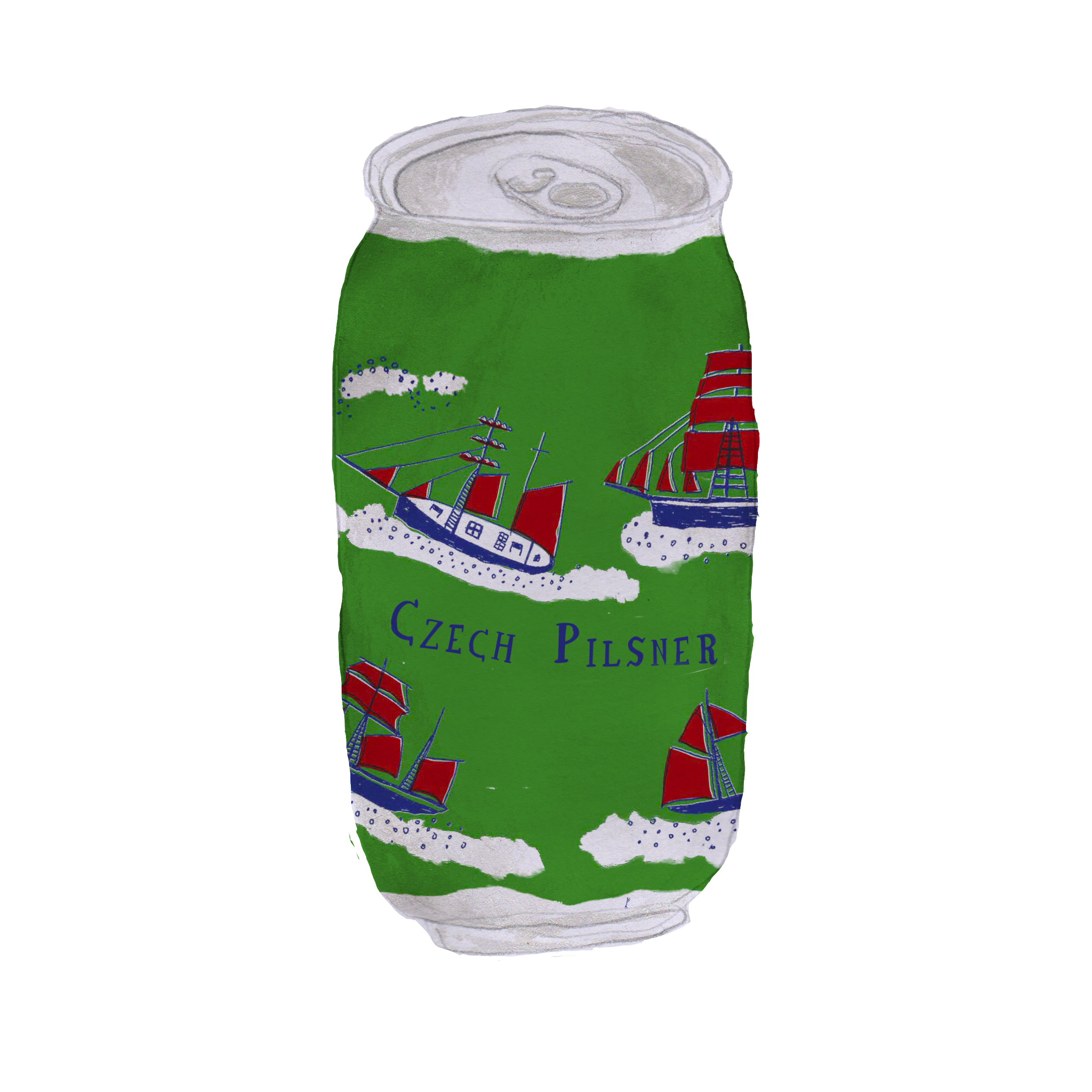 Illustrated can icon of Sailors Grave Brewing 'Czech Pilsner' with boats on green background