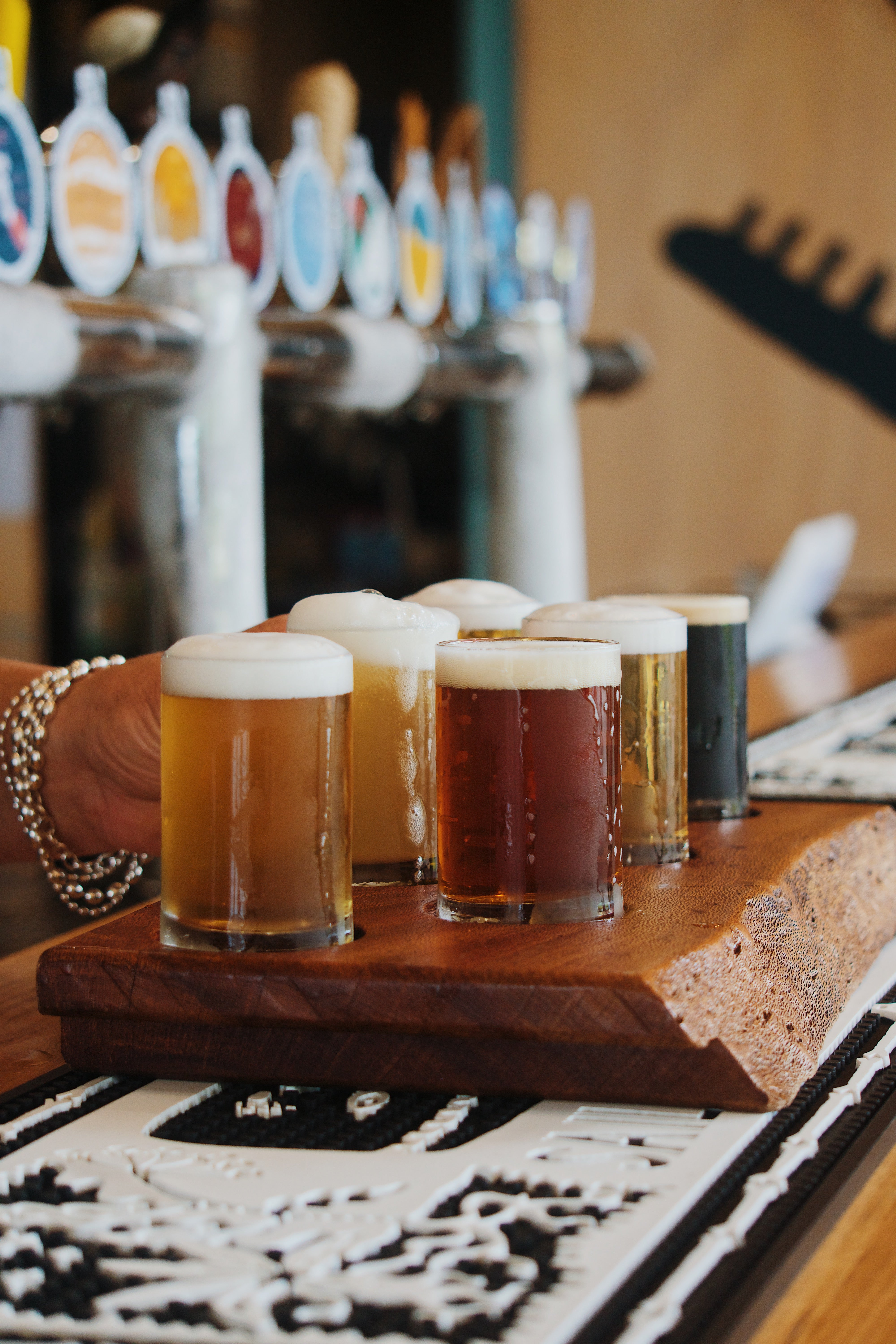 Sailors Grave brewing tasting paddle with assorted craft beers in glasses on a wooden tray.