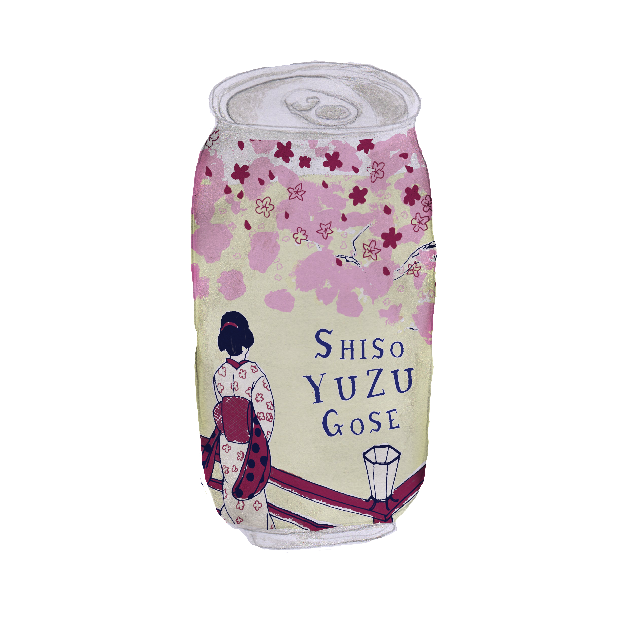 Can illustration of Sailors Grave Brewing Shiso Yuzu Gose with pink blossom and a lady in kimono