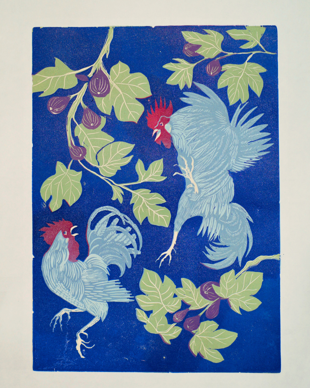 Lino cut print "The Cockfight" by Sailors Grave Brewing co founder Gab Moore, picturing two rooster with fig branches.