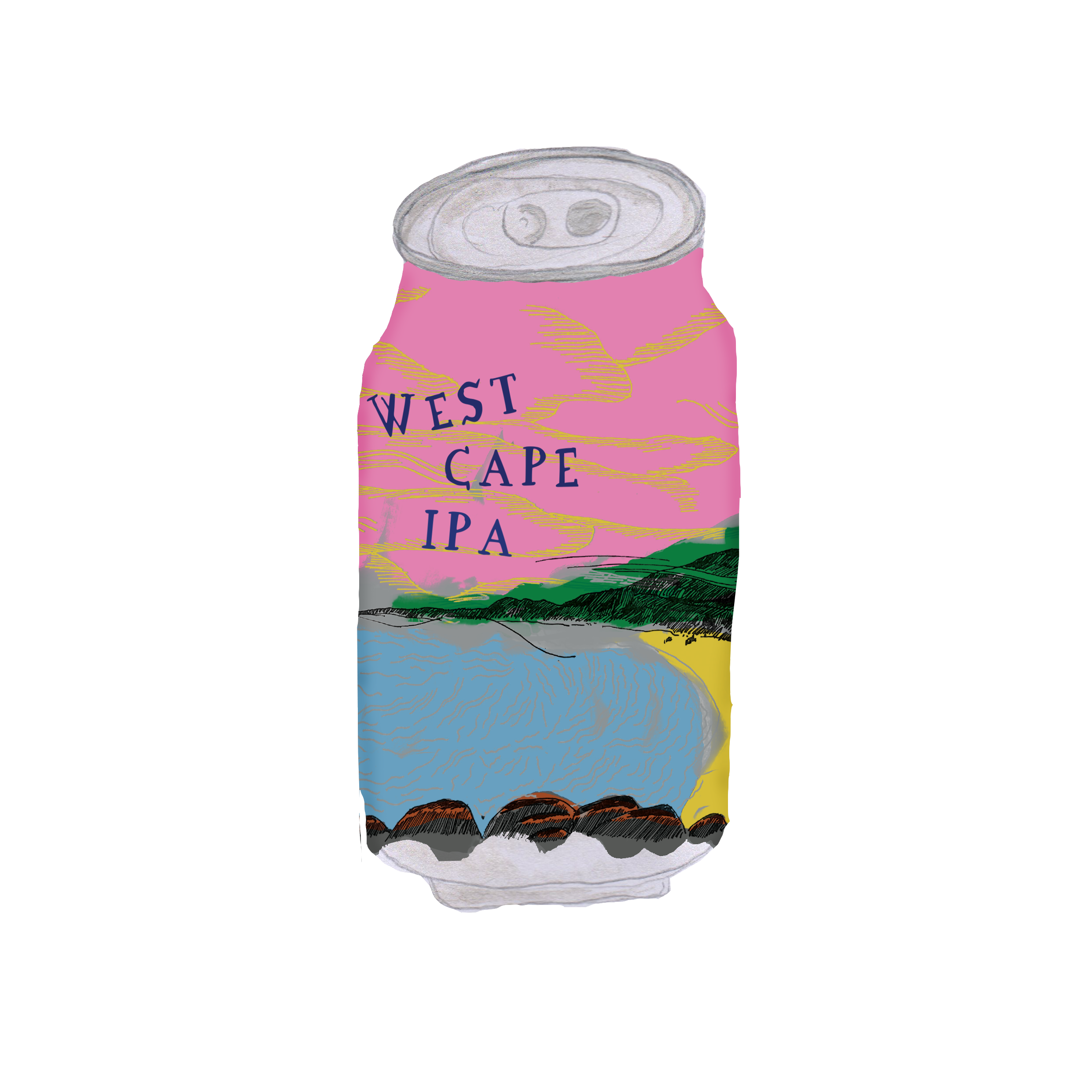Can of West Cape IPA with a colorful design on a white background