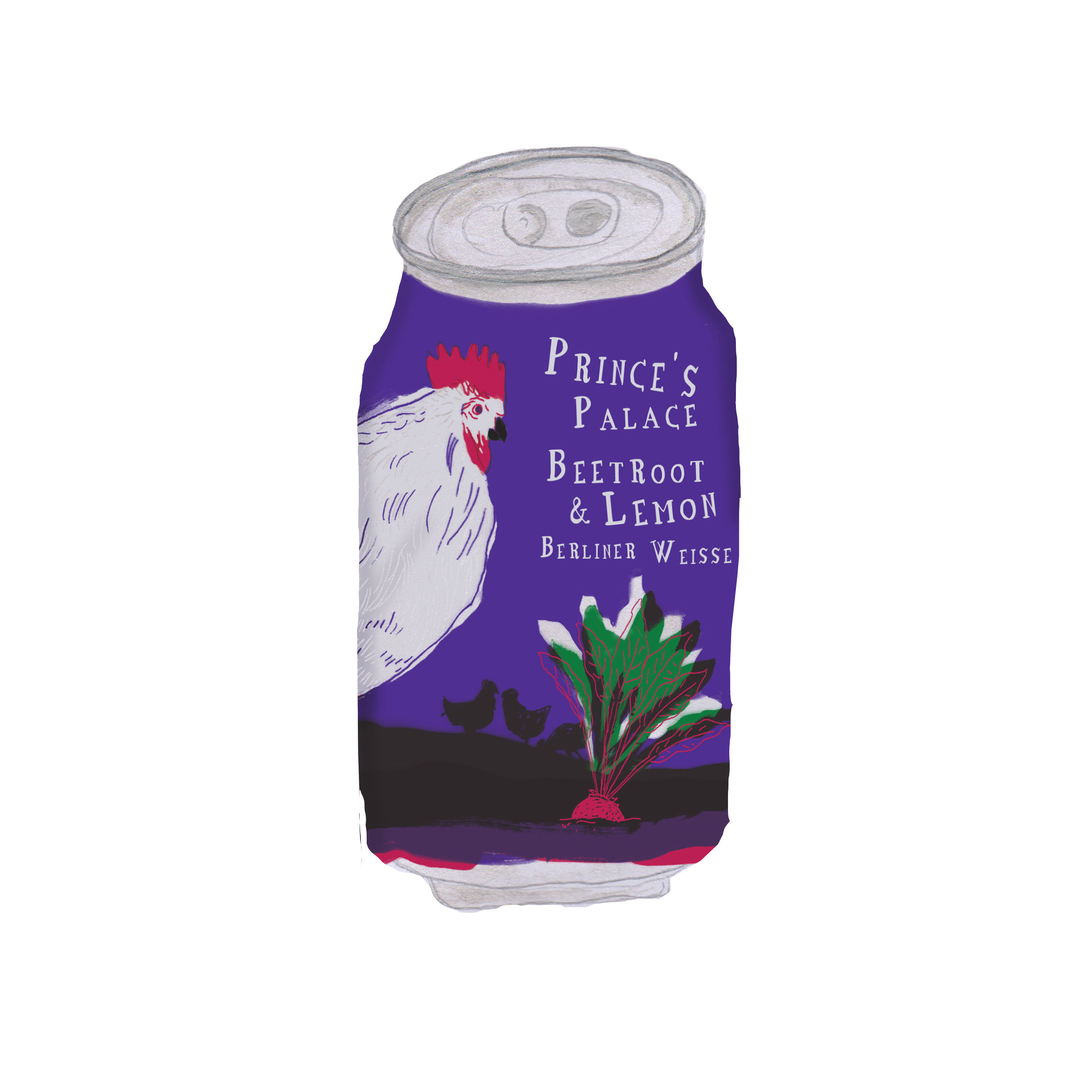 Can with a purple label featuring a rooster and beetroot illustration on a white background
